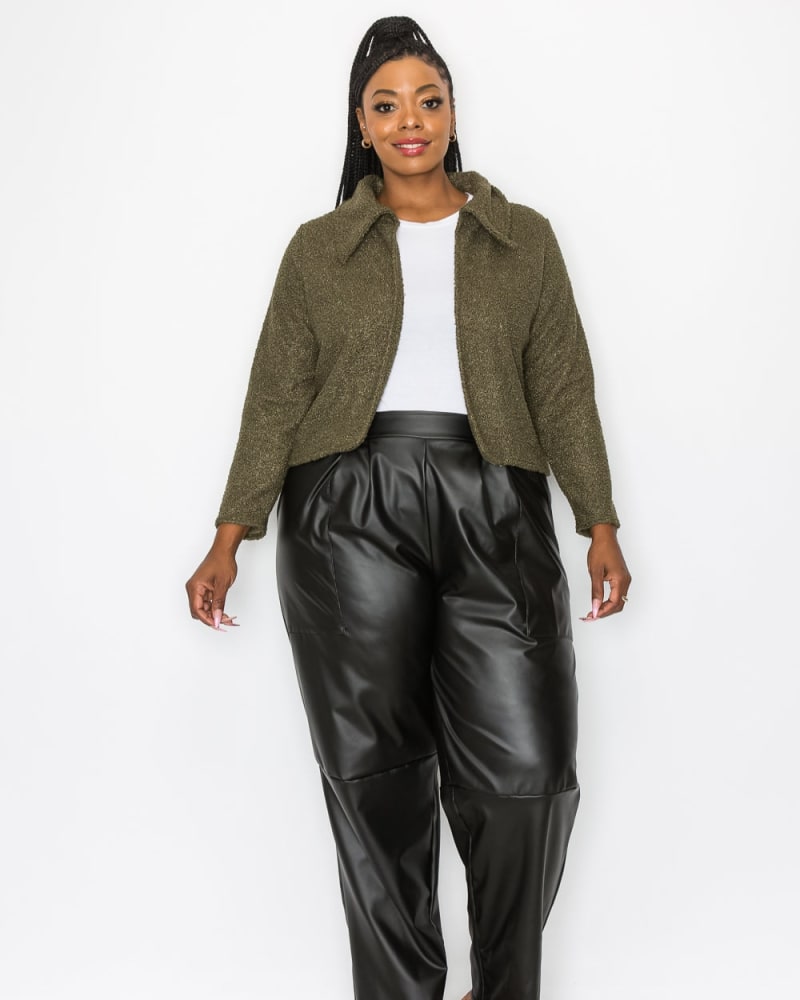 Front of a model wearing a size 1X Erica Shearling Crop Jacket in Olive Green by L I V D. | dia_product_style_image_id:274180